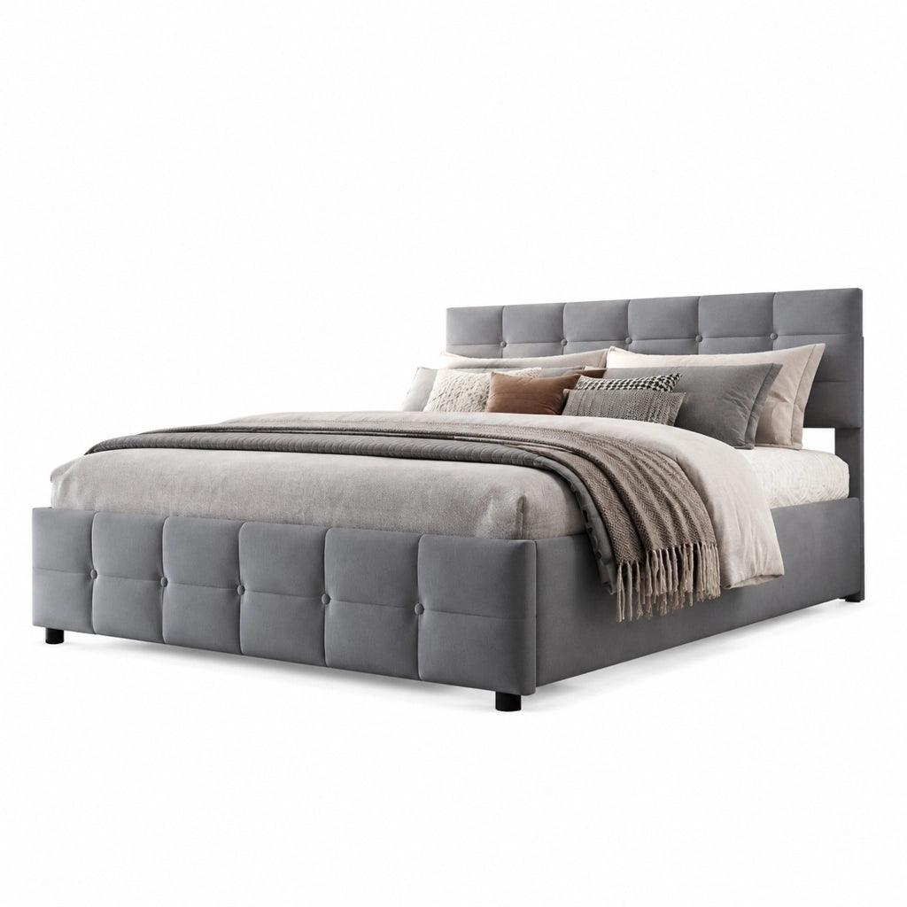 Letto matrimoniale imbottito 180x200 cm con contenitore idraulico; velluto grigio
