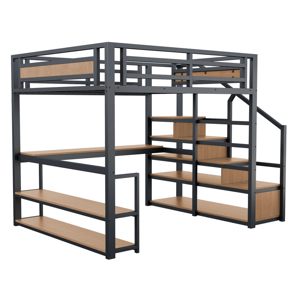 Letto a soppalco in metallo 140x200 cm nero con scale contenitore, ripiani e scrivania
