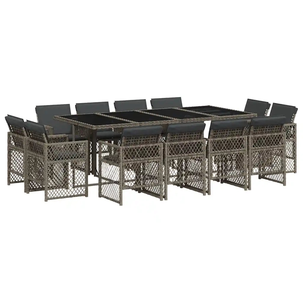 Set da Pranzo da Giardino 13pz con Cuscini Grigio in Polyrattan