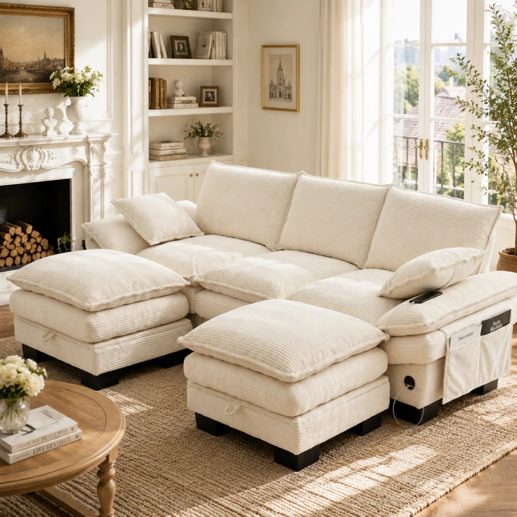 DIVANO Modulare 3 posti 260x132x84 cm in Corduroy Beige con 2 Pouf
