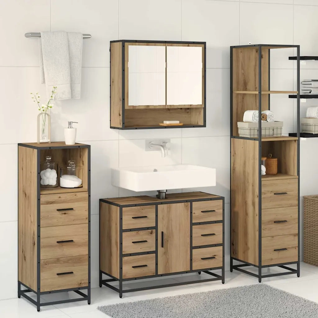 Set di mobili per il Bagno | Armadio da bagno con porta 3 pz Rovere artigianale