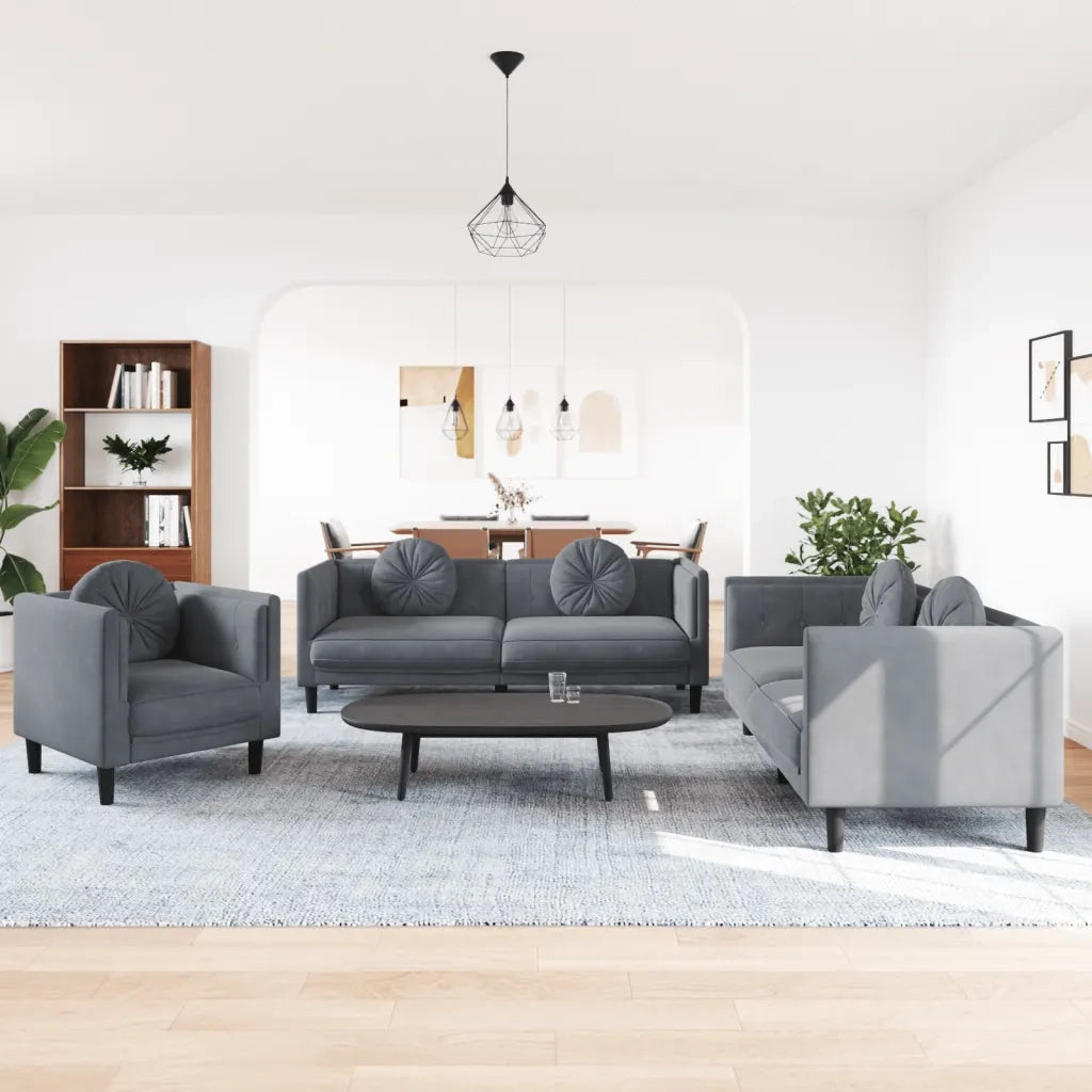 Set di Divani 3 pz con Cuscini Grigio Scuro in Velluto