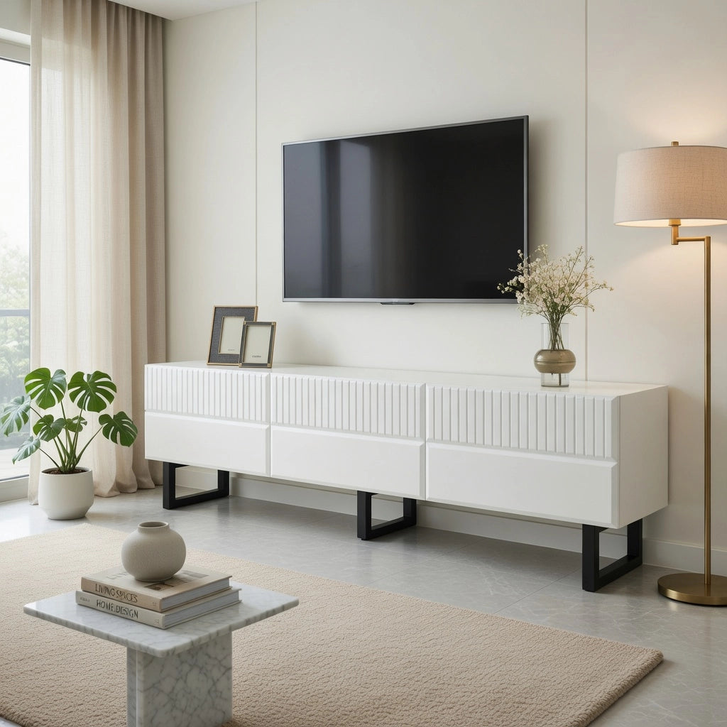 Cassettiera per TV nera e bianca in MDF e truciolare; lunghezza 170 cm