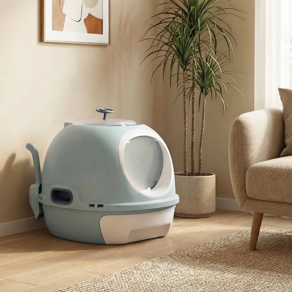 Lettiera per gatti con coperchio stile elicottero  frontale uscita ribalta-Toilette per gattini cassetto portatile piccoli medi fino a 10 kg Blu