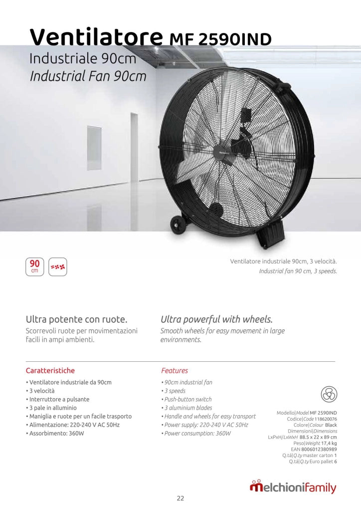 MelchioniFamily MF2590IND Ventilatore Industriale 90 cm con Ruote Ultra Potente 360W 3 Velocità 3 Pale in Alluminio Portatile con Maniglia Ventilatore Professionale per Capannoni Officine e Magazzini