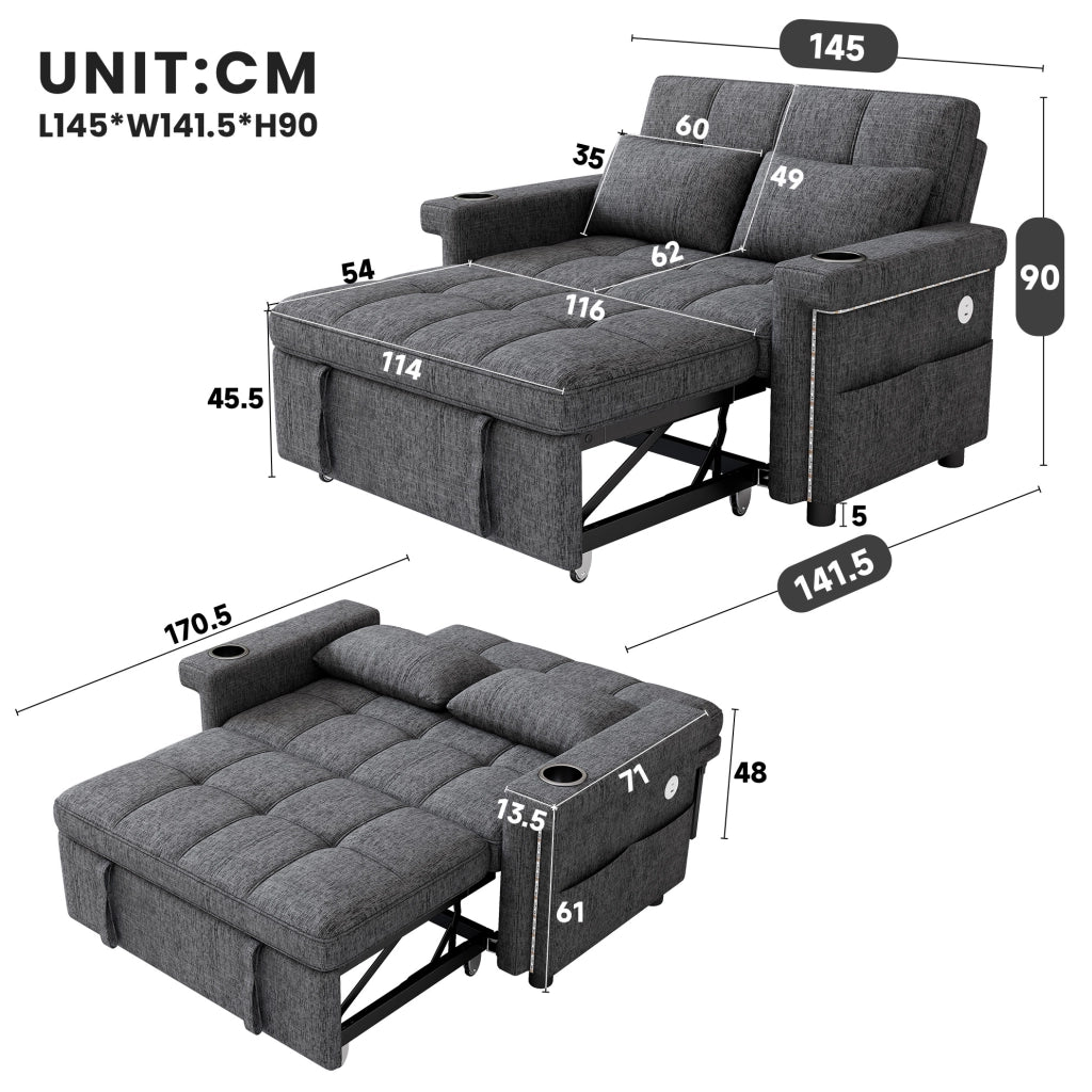 Divano letto 2 posti convertibile 145 x 141;5 x 90 cm in chenille grigio con LED e USB