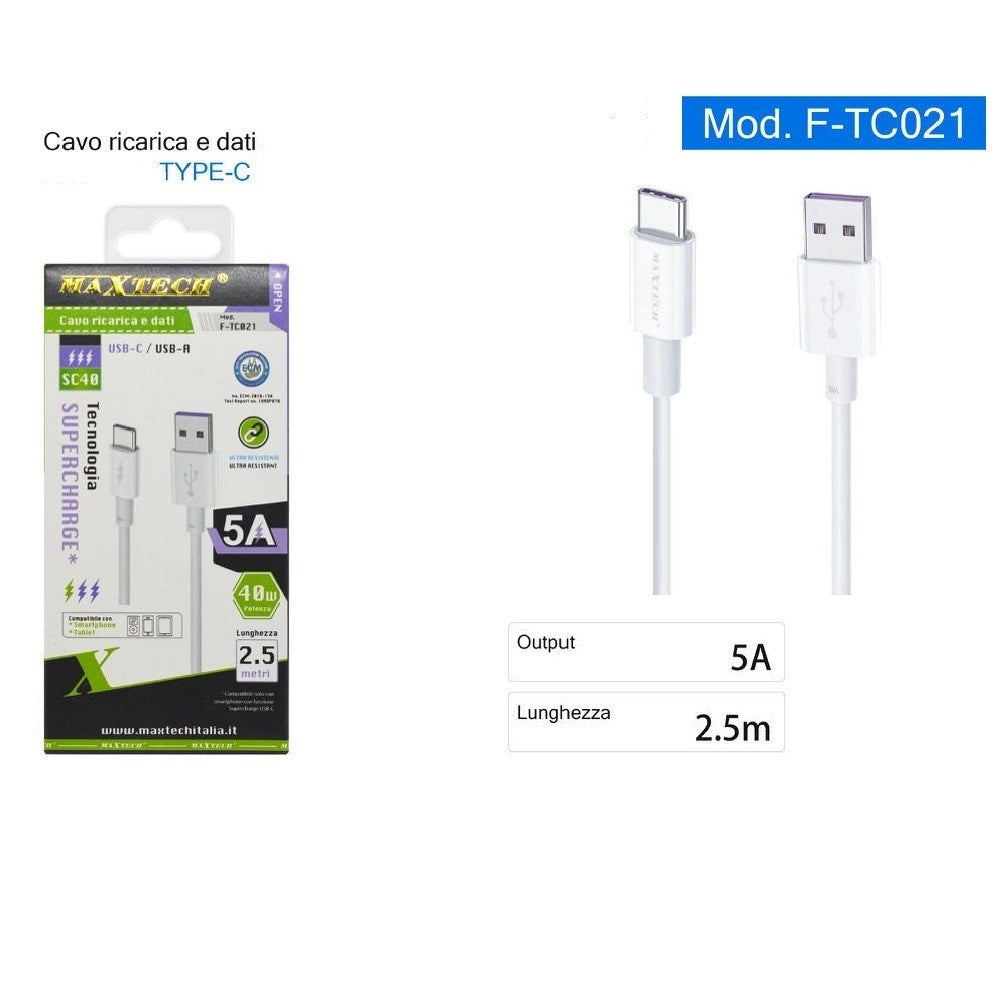 Trade Shop - Cavo Type-c Usb 2.5mt Supercharge Ricarica Rapida 5a Dati Per Smartphone F-tc021 -