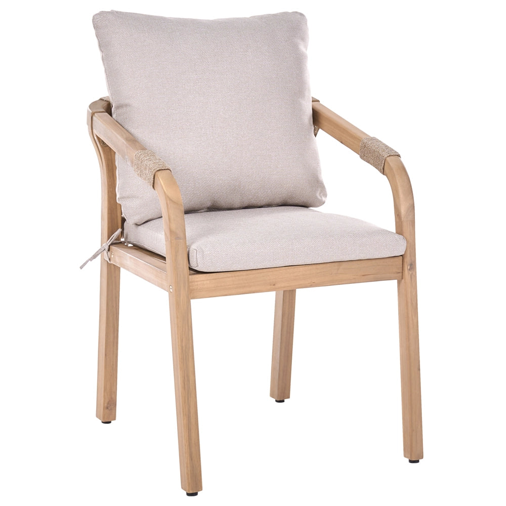 Sedia da giardino in legno di acacia chiaro con cuscini beige chiaro e braccioli, stile rustico moderno