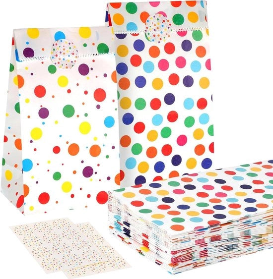 Pacchi di regalo premium - 50 pezzi piccole buste di carta per compleanni di bambini - Buste di regalo con adesivi - Borse di caramella colorate per matrimonio e souvenir - 18 x 9 x 6 cm