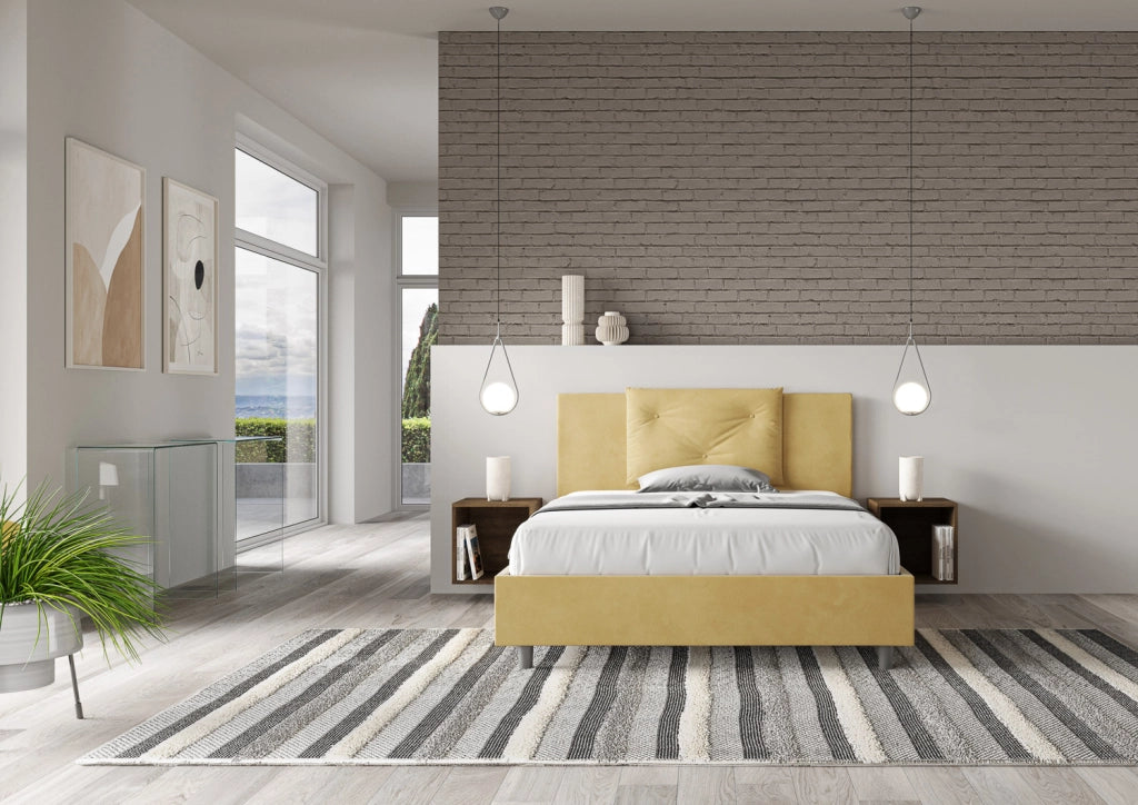 BS COM Letto matrimoniale francese contenitore imbottito 140x210 microfibra ocra