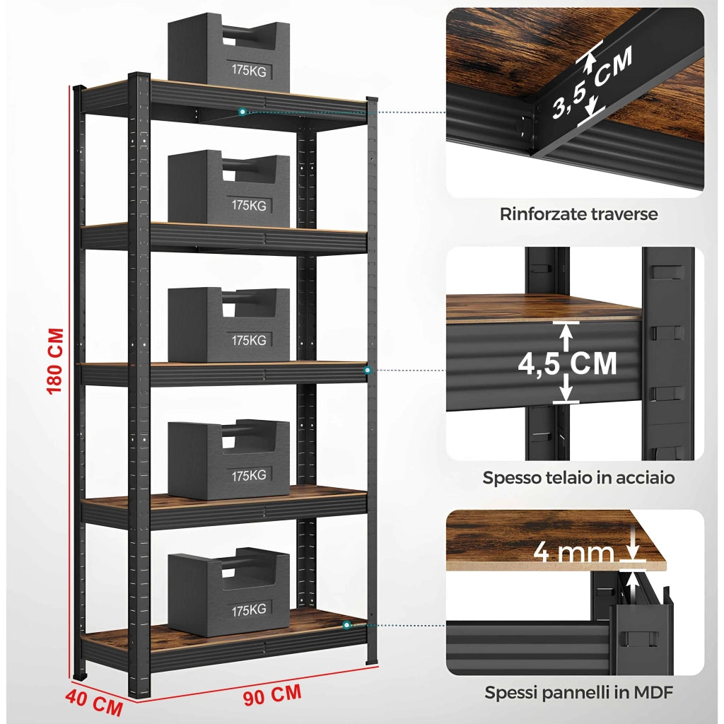 SCAFFALE 5 RIPIANI IN  ACCIAIO E MDF INDUSTRIAL 90x40x180