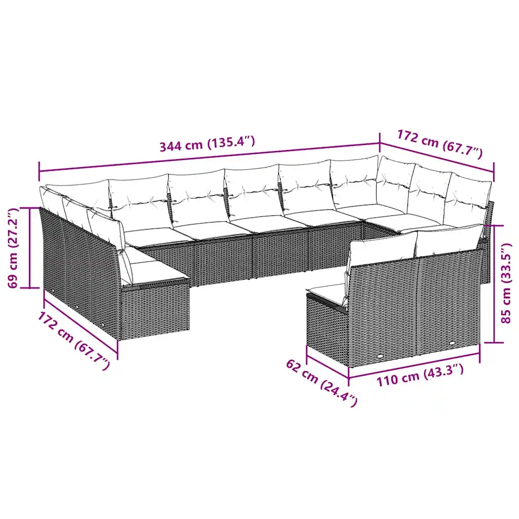 Set Divani da Giardino 12 pz con Cuscini Marrone in Polyrattan
