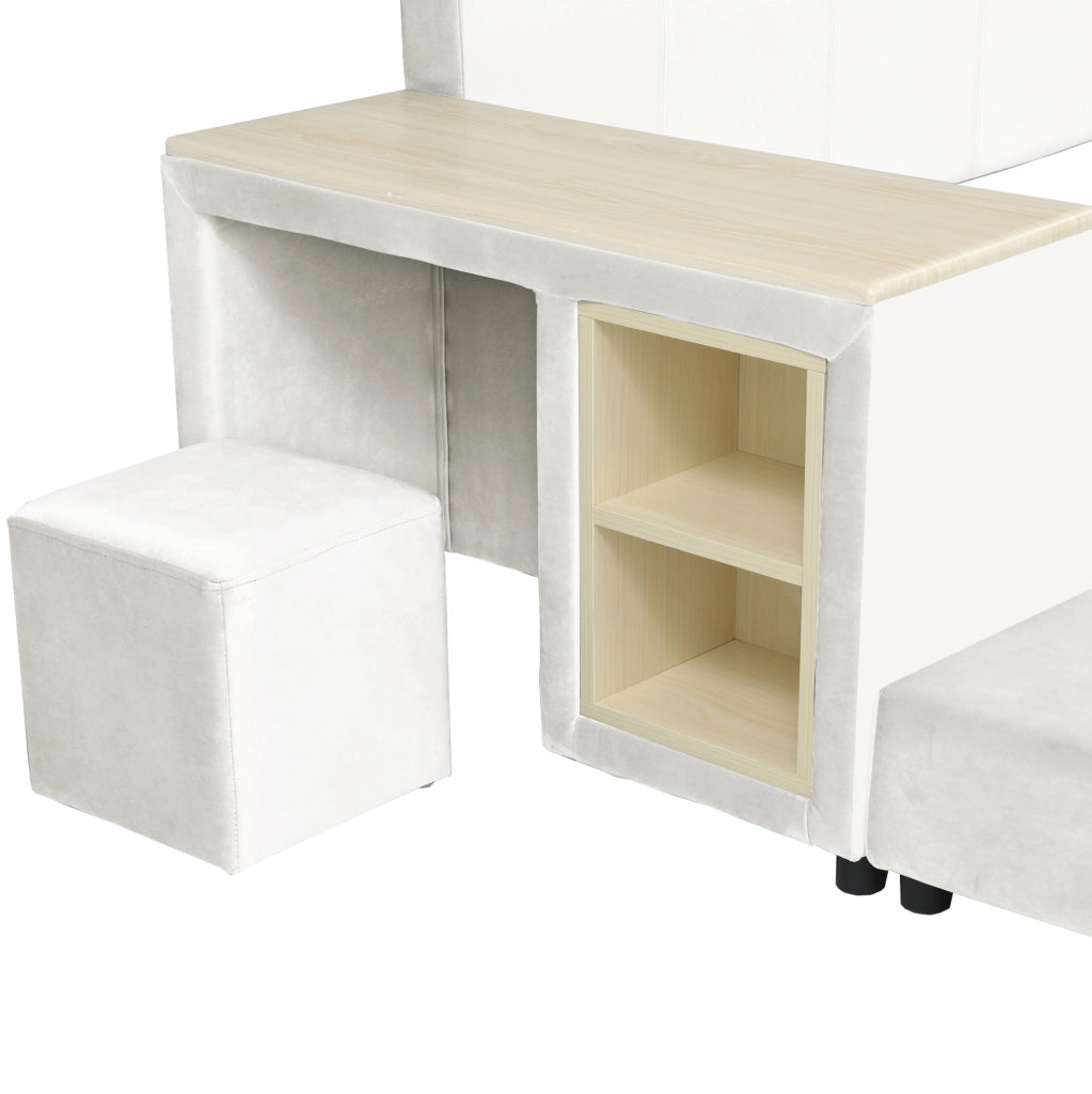 Letto imbottito per bambini con scrivania, sgabello e ripiano 140x200 cm bianco