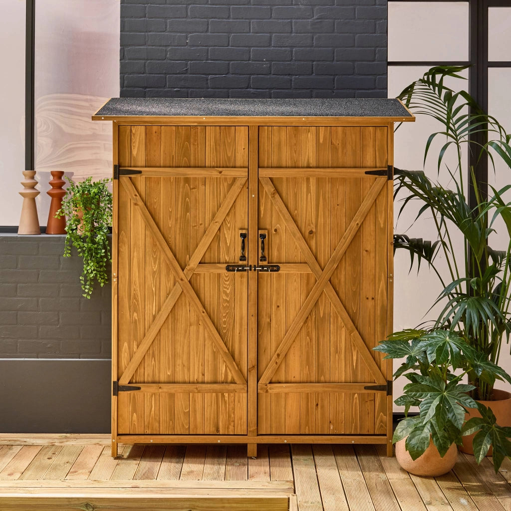 Casetta da giardino in legno d'abete e 4 vani portaoggetti, 140cm,