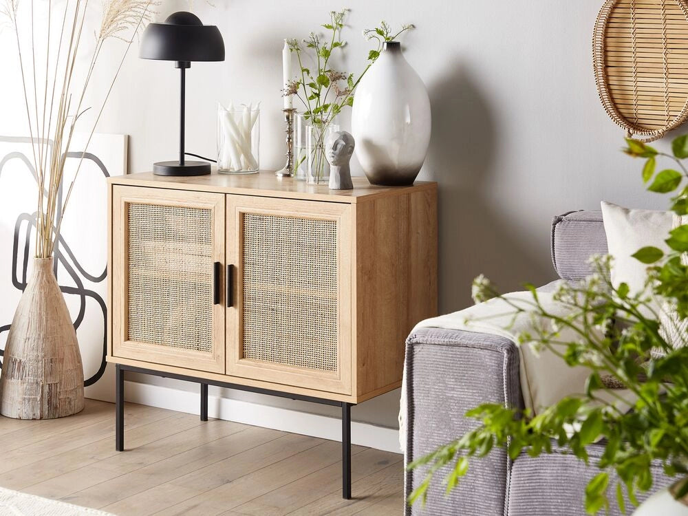 Credenza Moderna a 2 Cassetti con Fronte in Vimini 72 x 80 cm legno Chiaro