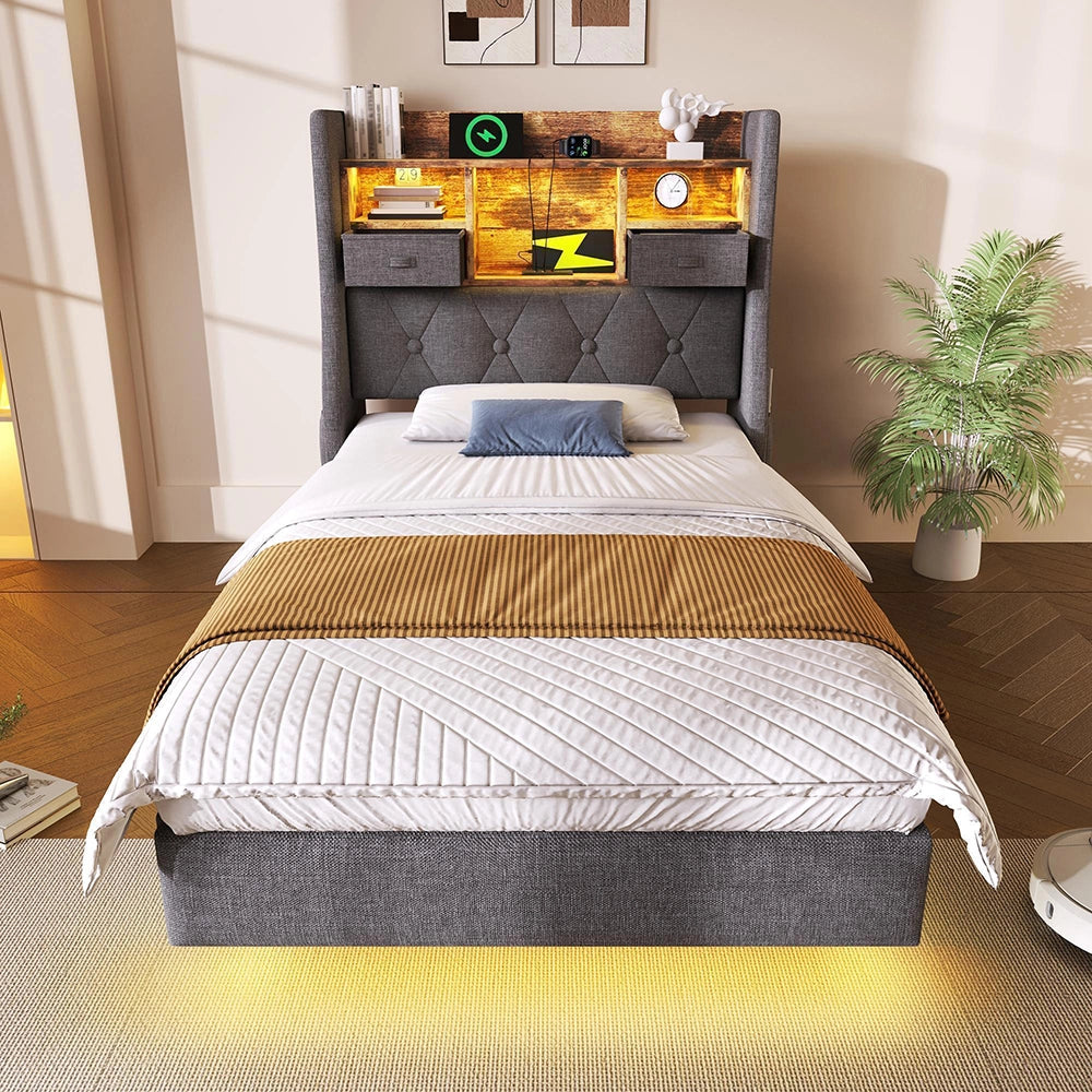 Letto sospeso 90x200cm?- Xylo - LED USB Type-C lino grigio