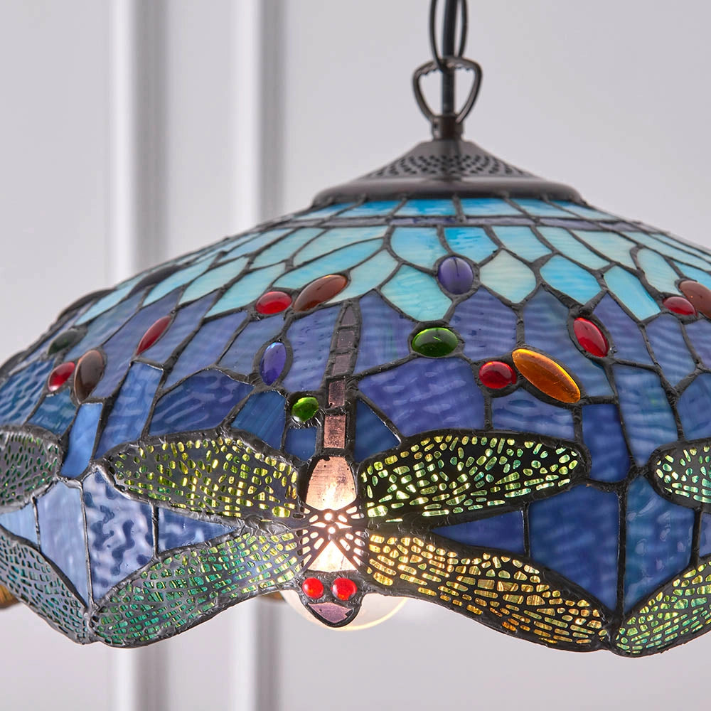 Lampada a sospensione Tiffany in vetro Blu Libellula 3xE27