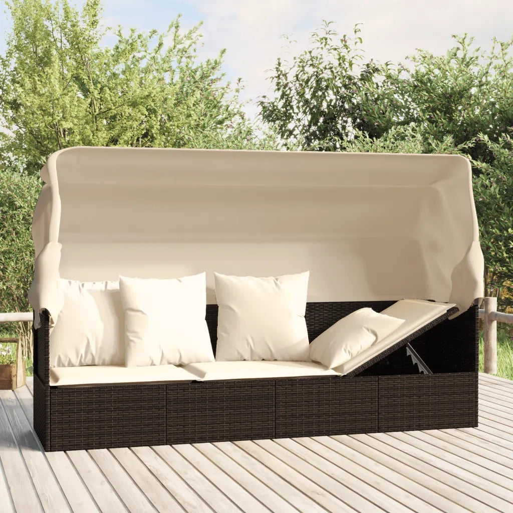 Lettino Prendisole | Sdraio da giardino | Lettino da sole Esterno Tetto e Cuscini Marrone Polyrattan