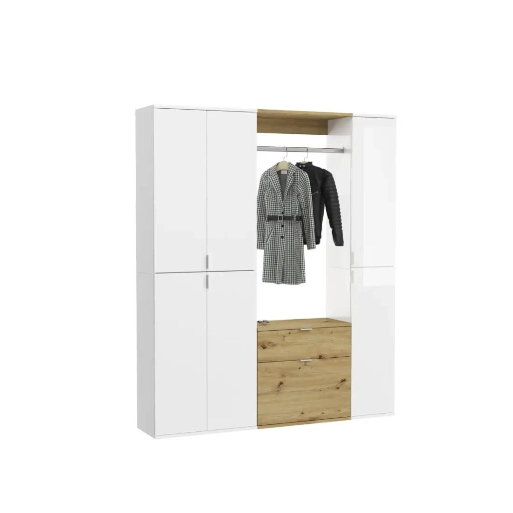 Armadio contenitore 6 porte, 4 cassetti e 1 guardaroba - Bianco e quercia - BODITE