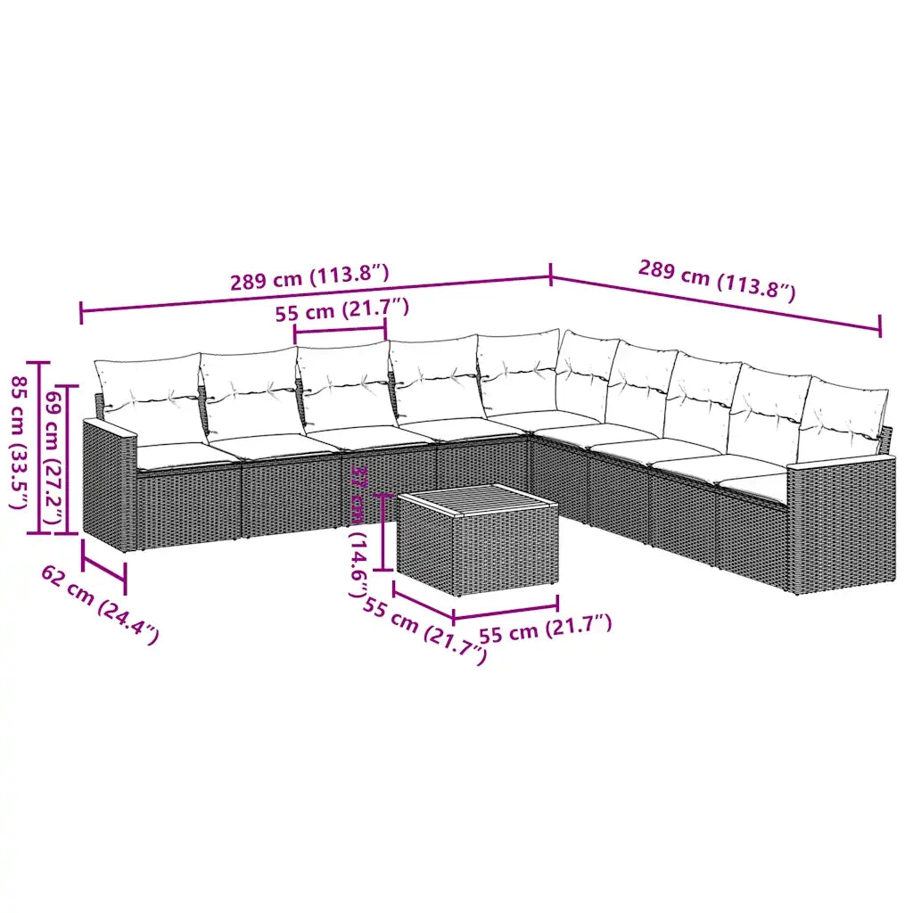 Set Divani da Giardino 10pz con Cuscini in Polyrattan Nero 3258465