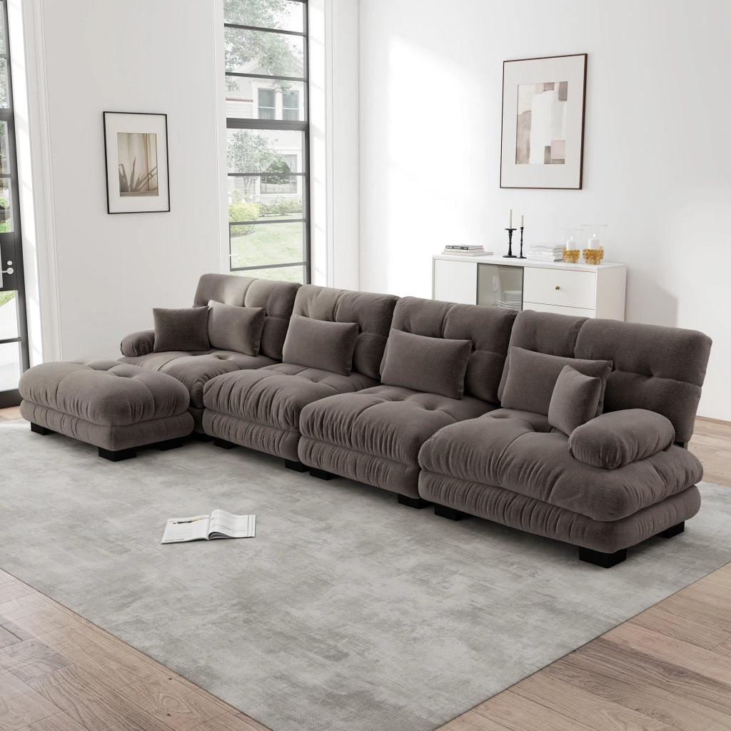 Divano angolare modulare in chenille con ottomana mobile e cuscini lombari, stile vintage marrone