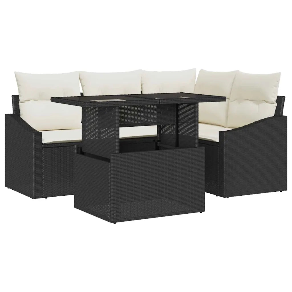 Set Divano da Giardino 5 pcs Nero e Crema polyrattan