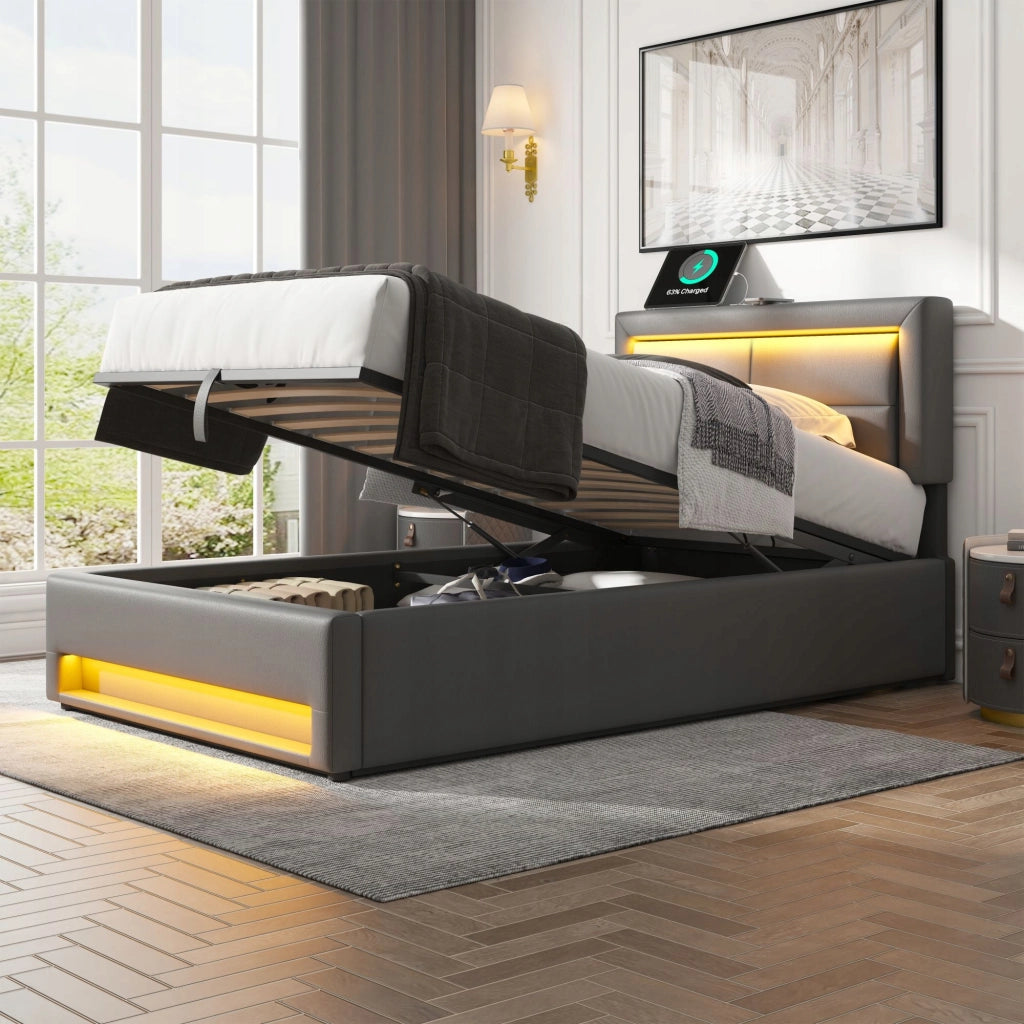 Letto imbottito 90x200 - Xylo - Grigio, USB, LED, con ripostiglio