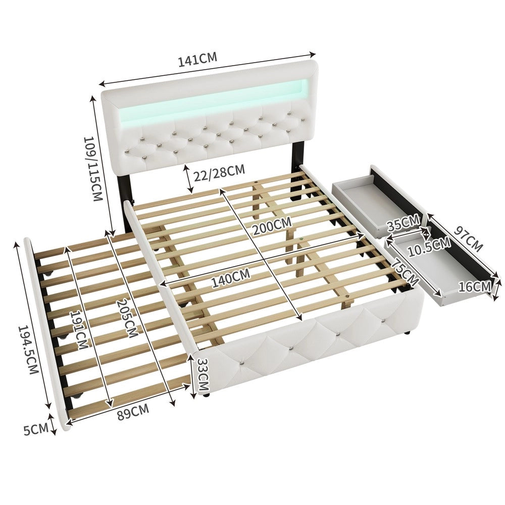 Letto Imbottito Contenitore con Cassetti e Comodino LED ¨C MINIMAL ¨C Bianco 140x200