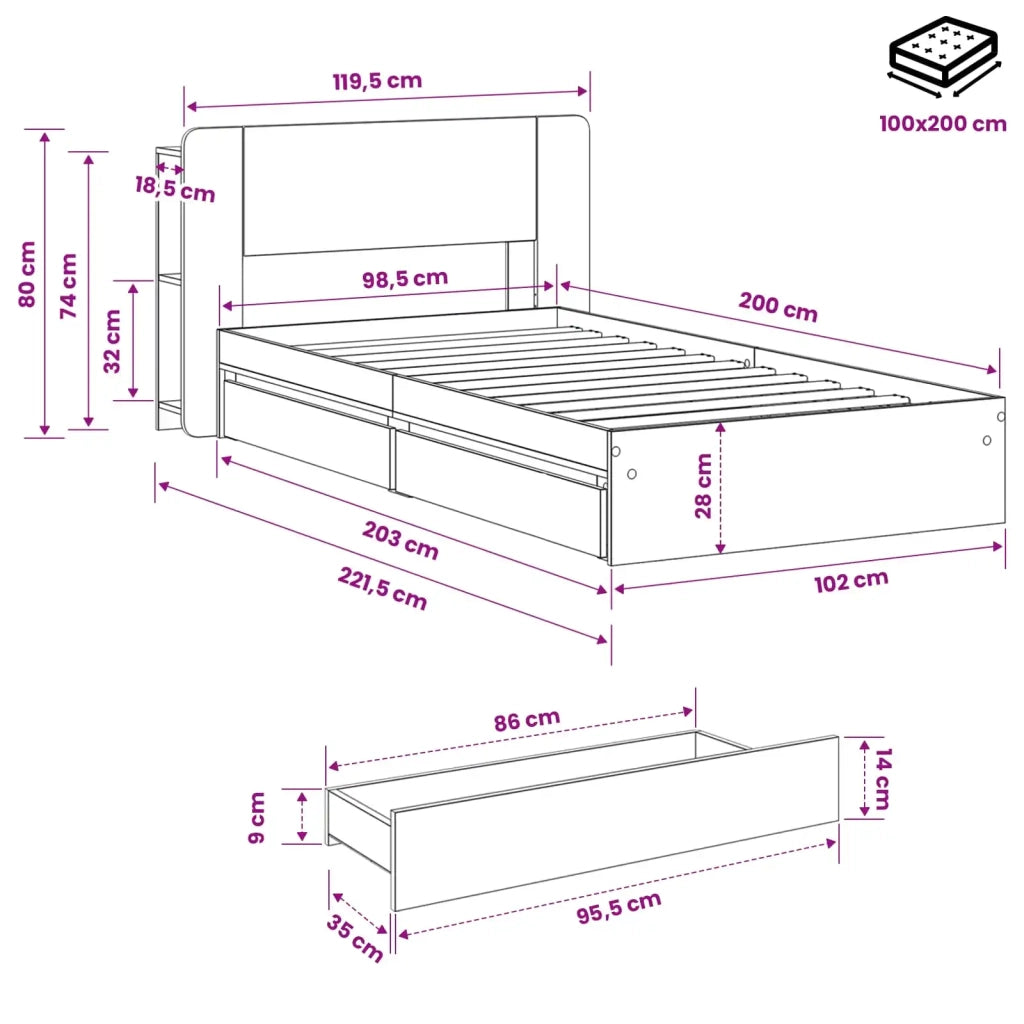 Telaio del letto con storage Grigio Cemento 100 x 200 cm
