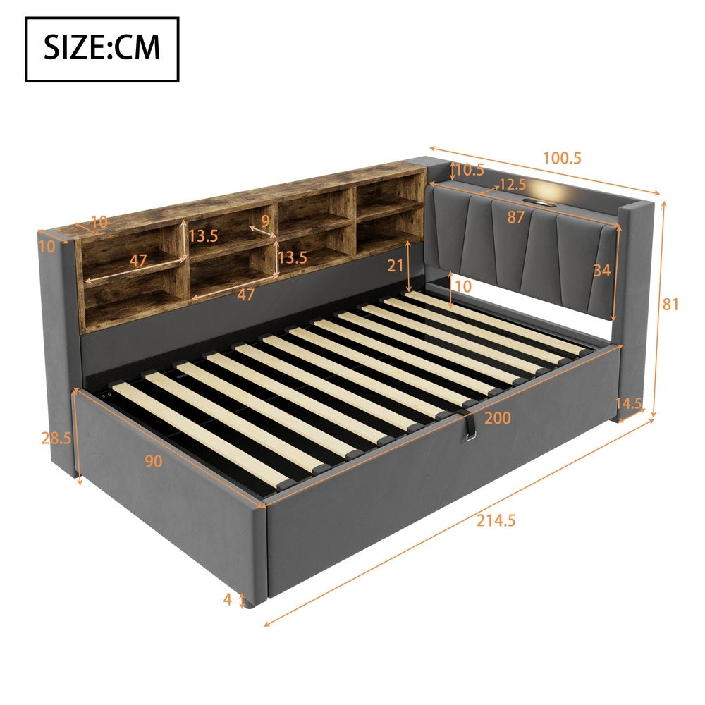 Letto Imbottito Contenitore 90x200 con Luce LED e USB ¨C MINIMAL ¨C Velluto Grigio Scuro