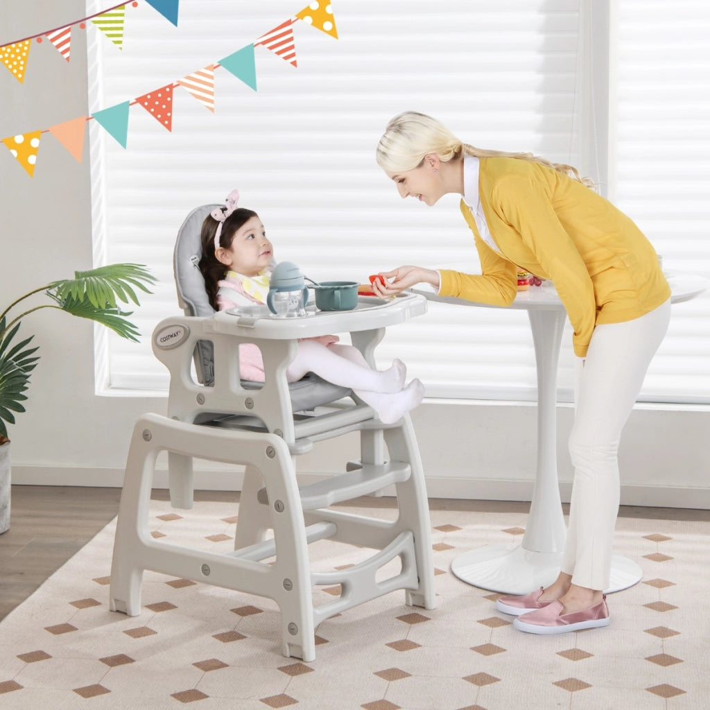 Seggiolone per bambini con vassoio rimovibile a 4 posizioni cuscino per seduta, Sedia da pappa convertibile Grigio-Seggioloni