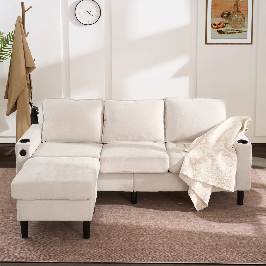 Divano angolare 3 posti beige con pouf modulare, 2 portabicchieri, USB e Type-C, 202x137x80 cm