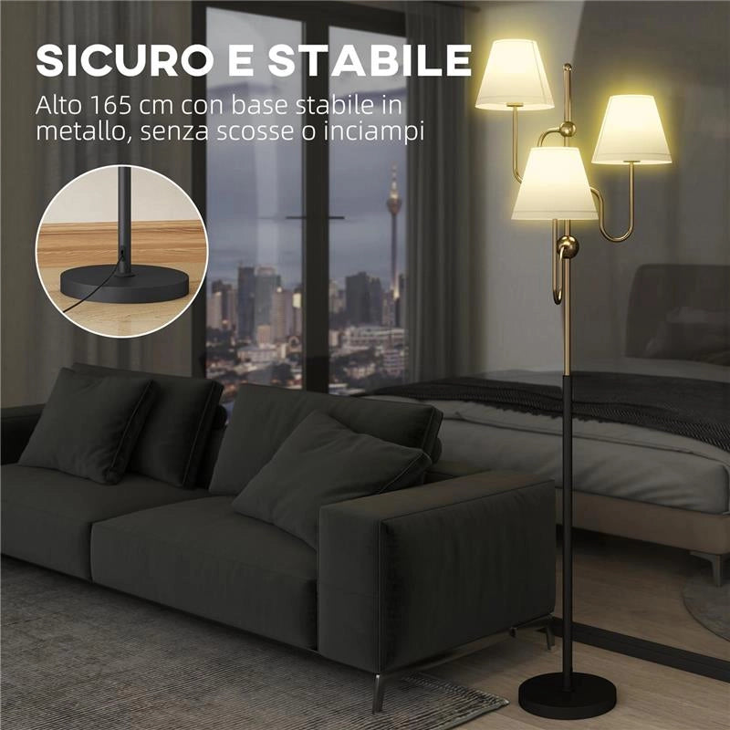 LAMPADA DA TERRA ALTA 165 CM CON 3 PUNTI LUCE E INTERRUTTORE A PEDALE, ATTACCO E27 MAX 40W, ORO