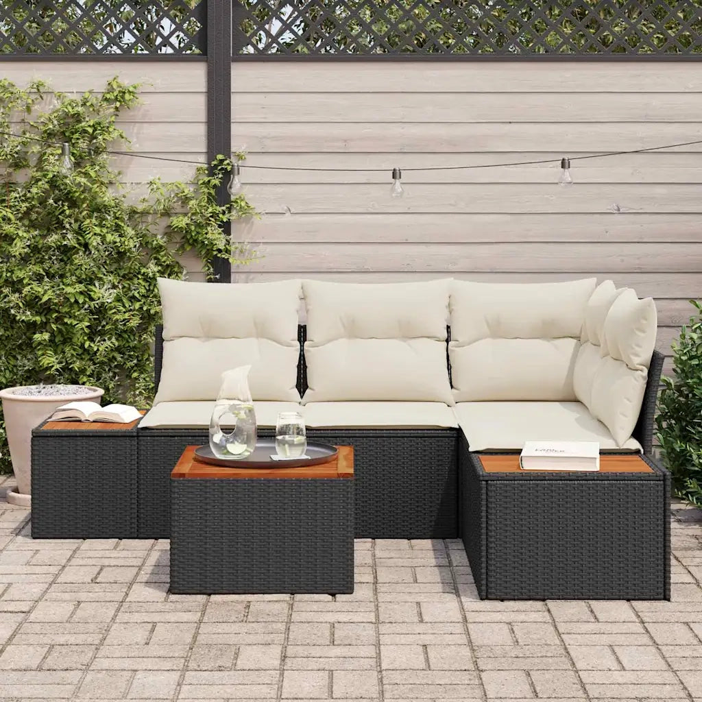 Set Divano da Giardino con cuscino 5 pcs Nero Poly Rattan