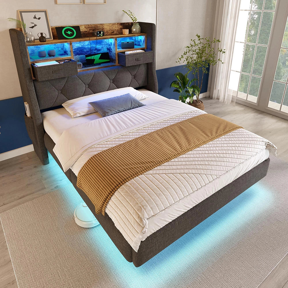 Letto sospeso 90x200cm?- Xylo - LED USB Type-C lino grigio