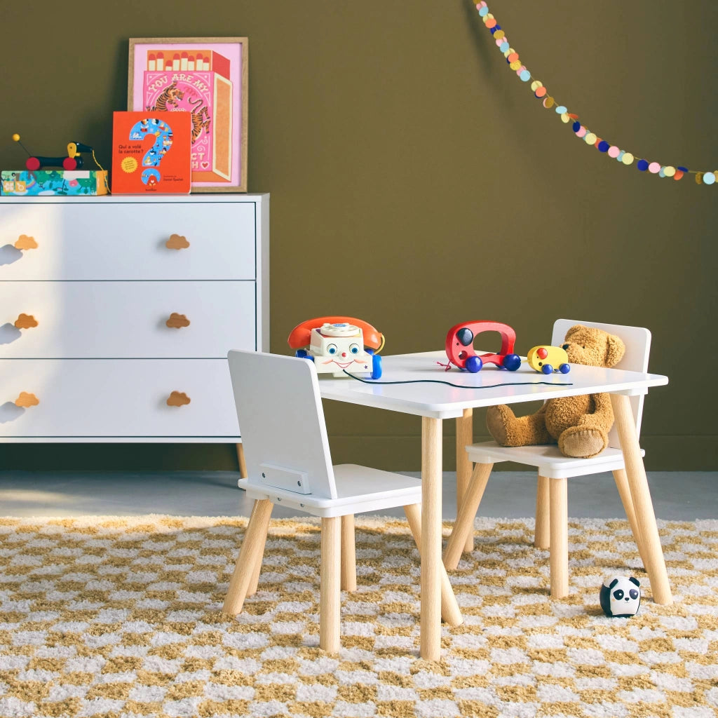 Tavolo quadrato per bambini con 2 sedie, bianco