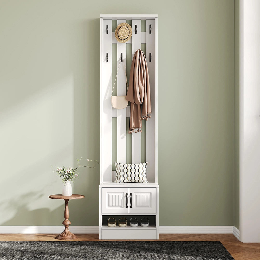 Panchina appendiabiti ingresso 50x36x190 cm - Xylo - 2 ante, schienale con 8 ganci, bianco