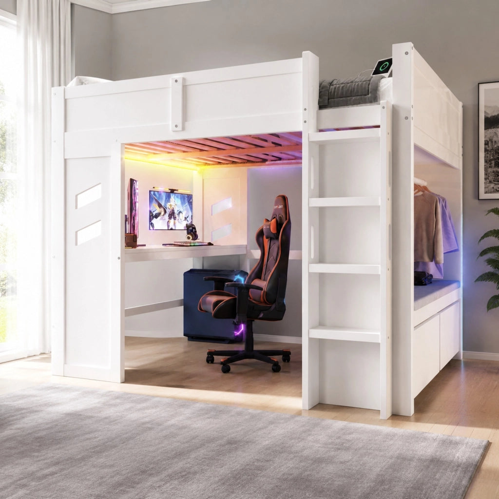 Letto a soppalco 140x200 cm con scrivania, LED, USB-C, 2 cassetti e appendiabiti, bianco