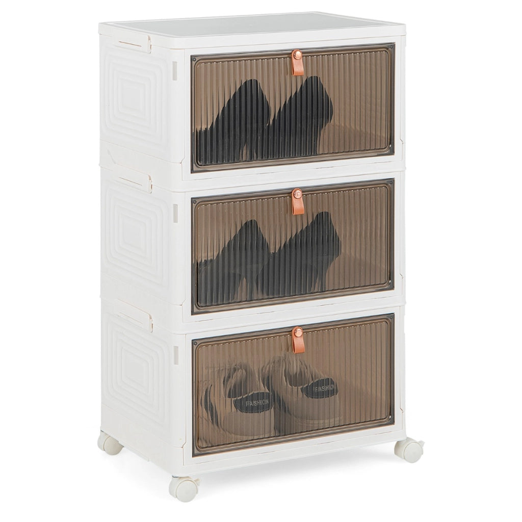 Scarpiera pieghevole a 3 piani con porte magnetiche ruote bloccabili, Mobile scarpe impilabile Bianco 40x27,5x64cm