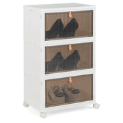 Scarpiera pieghevole a 3 piani con porte magnetiche ruote bloccabili, Mobile scarpe impilabile Bianco 40x27,5x64cm