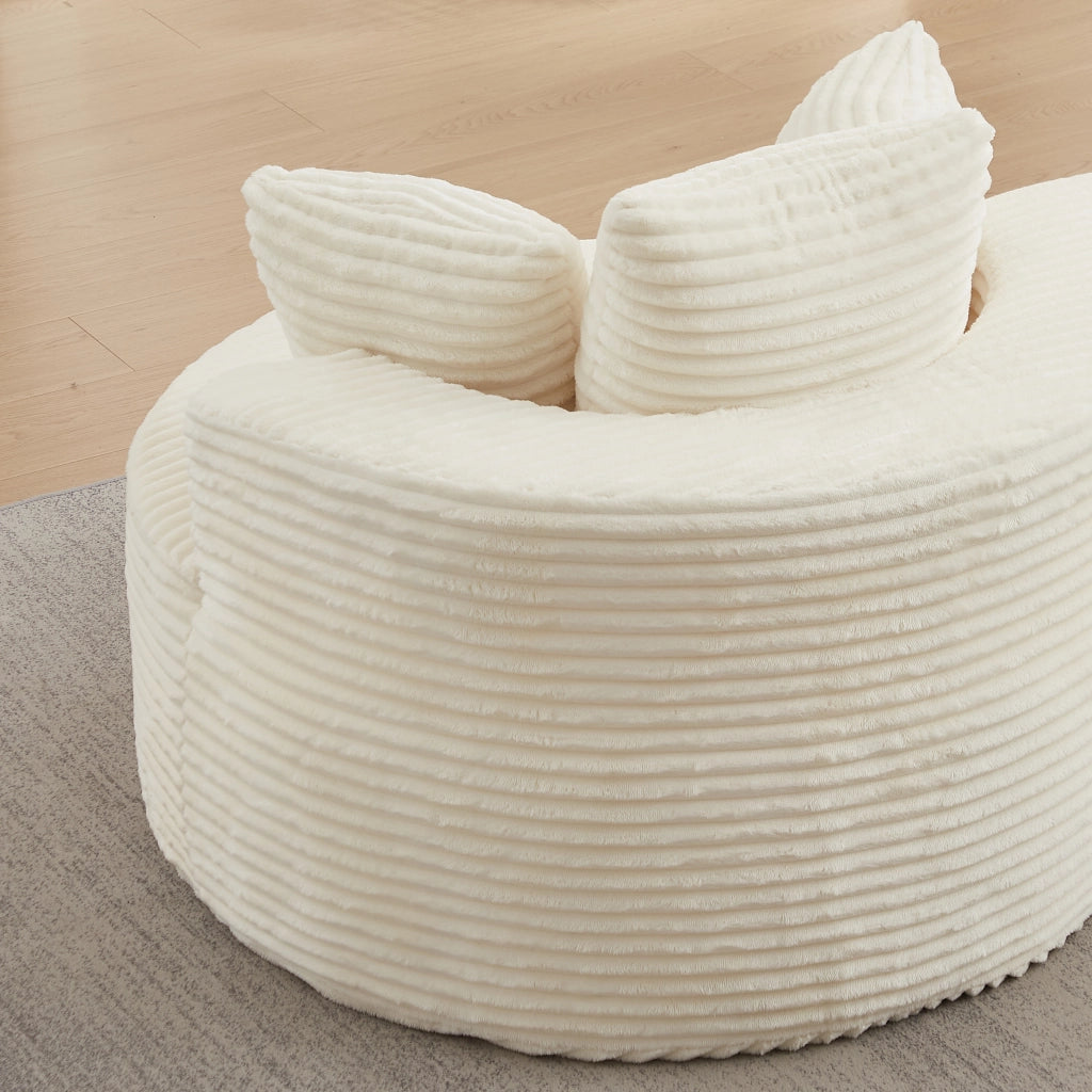 Poltrona lounge rotonda con braccioli larghi e 3 cuscini in velluto a coste, schiuma e molle, beige
