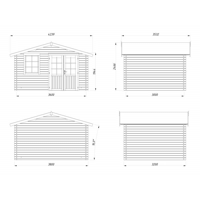 Casetta in legno da giardino Klara 380x320 cm blockhouse spessore 28 mm con porta doppia e finestra