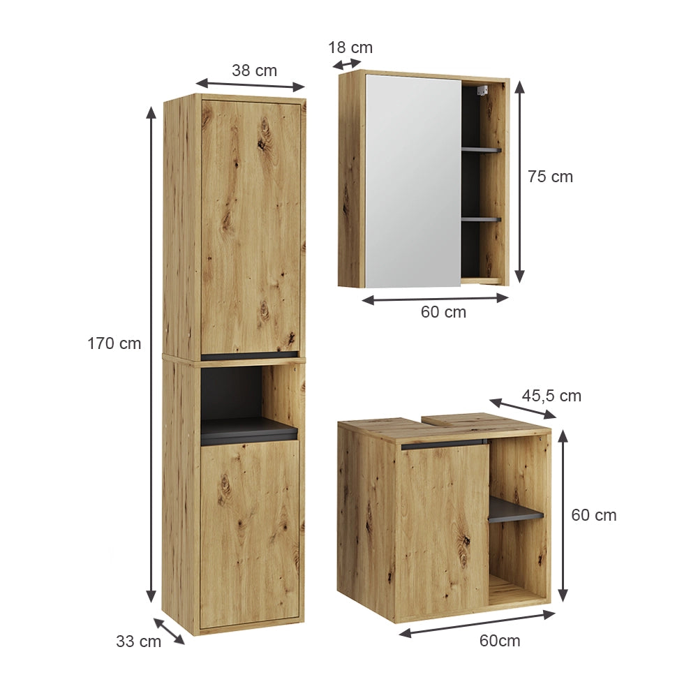 Vicco Set di mobili da bagno Artigiano/grigio 3 parti