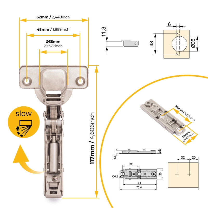 Lotto di 20 cerniere collo dritto X91 con chiusura soft e Basetta a vite, altezza 1, Acciaio, Nichelato