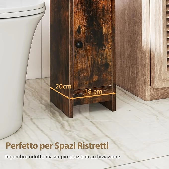 Mobiletto Bagno, Credenza da Terra in Legno per Angoli con Porta e Ripiani Regolabili, Credenza Stretta Salvaspazia per Porta Carta Igienica, Ideale per Bagno e Cucina (Marrone)