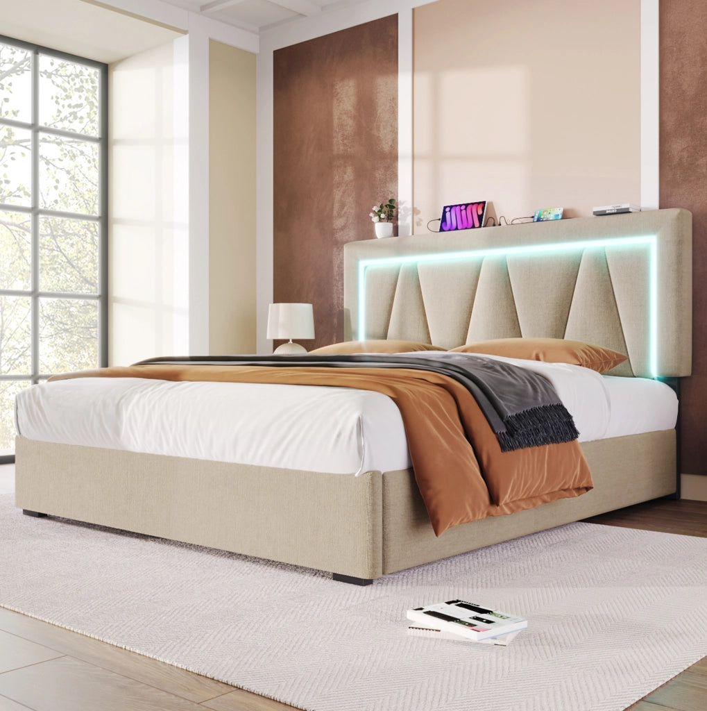 Bettgestell 140x200 cm in Leinen Beige con LED; USB e Type-C; testiera regolabile e contenitore