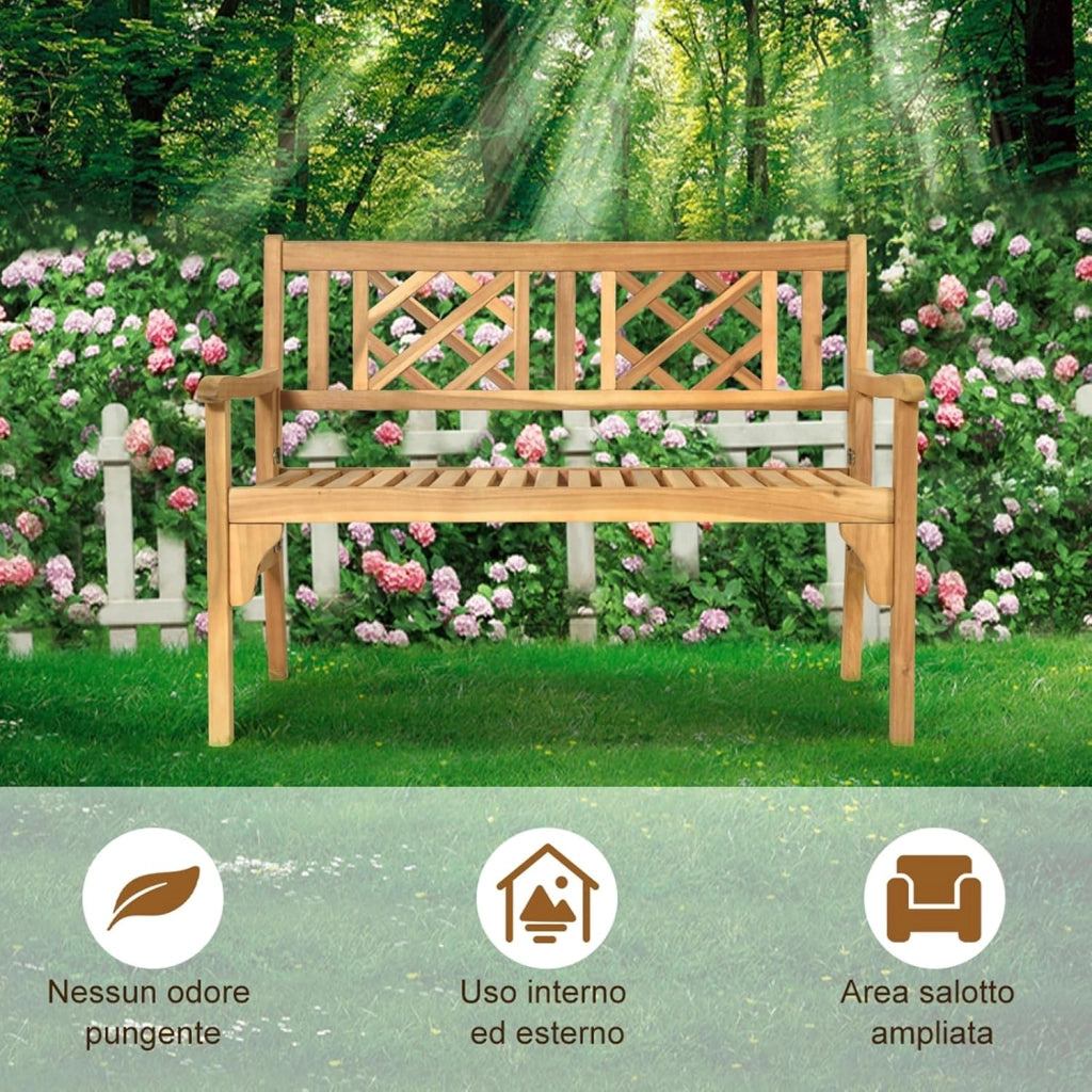 Panchina da Esterno Pieghevole, Panca da Esterno in Legno Massello con Schienale Curvo e Braccioli, Panchina per Giardino, Portico e Balcone, 120 x 56 x 90 cm