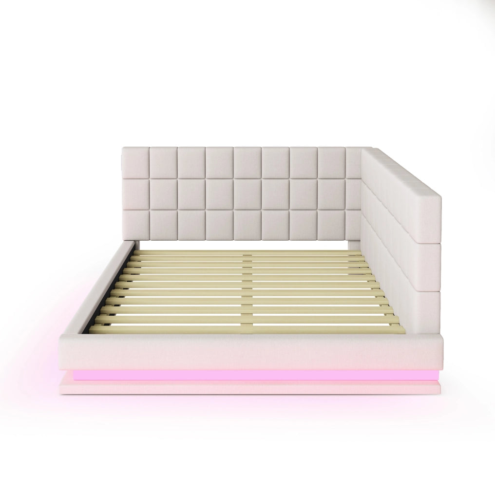 Divano letto 140x200 cm con LED e porta USB; tessuto di lino beige