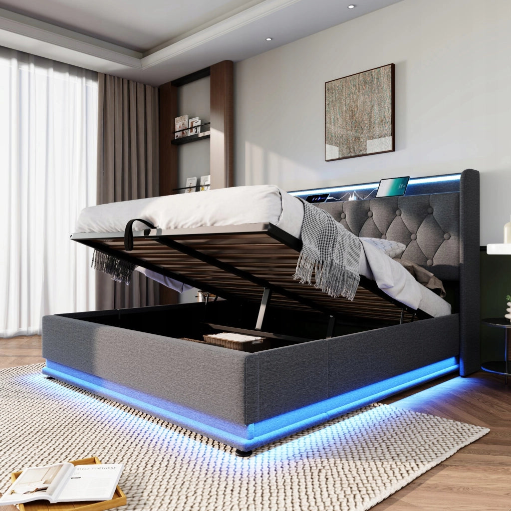 Letto imbottito 140x200 - Xylo - Grigio, idraulico, LED, USB-C