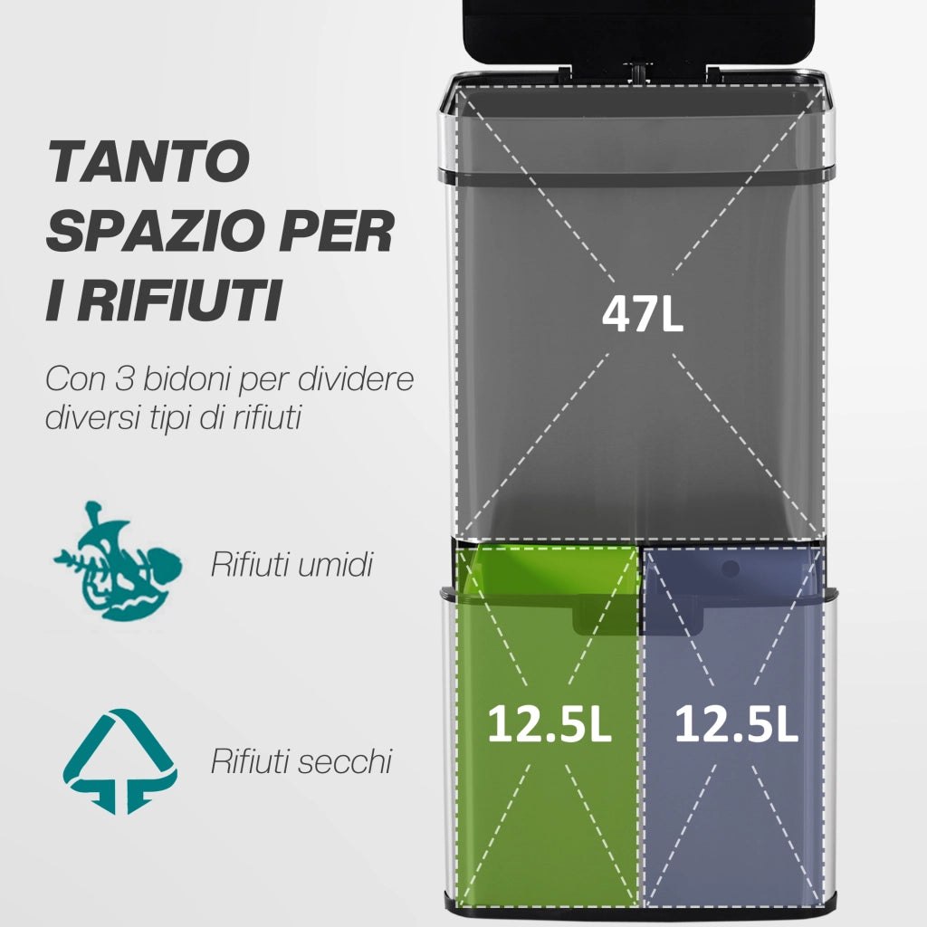 Pattumiera a 3 Scomparti con Sensore Infrarossi ¨C Minimal ¨C Acciaio e ABS, 42x30x81 cm